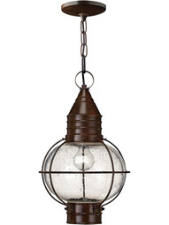Cape Cod Hanging Porch Light With Clear Seedy Glass in Sienna Bronze.